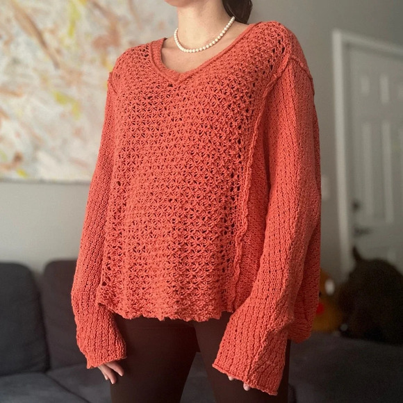 Free People V-Neck Crochet Boho Sweater - Burnt Orange - Size M - Picture 3 of 12